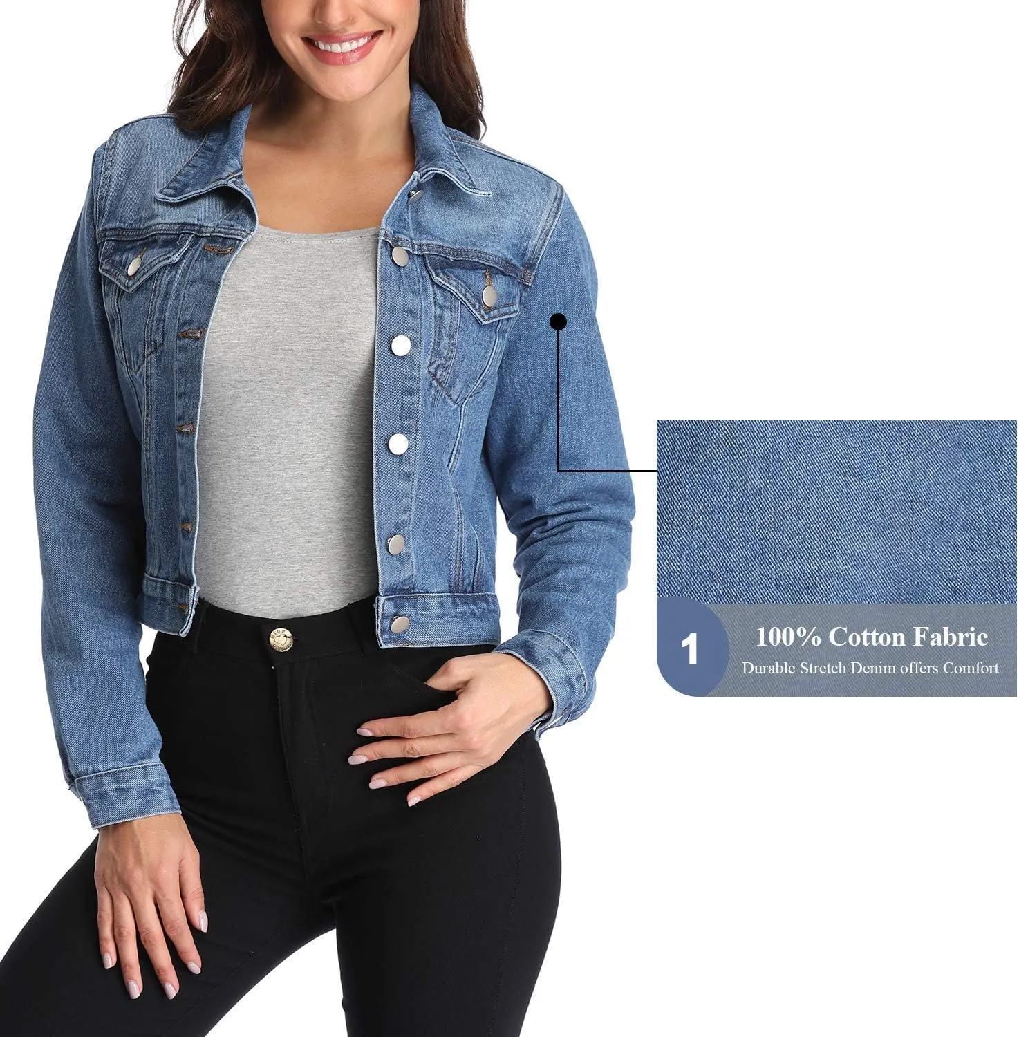 andy & natalie Women's Denim Jackets Cropped Long Sleeve Basic Button Down Crop Jean Shacket with Pockets