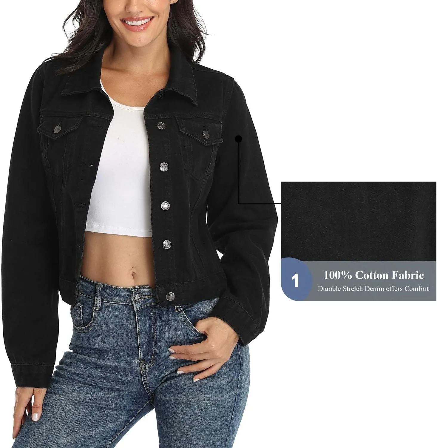 andy & natalie Women's Denim Jackets Cropped Long Sleeve Basic Button Down Crop Jean Shacket with Pockets