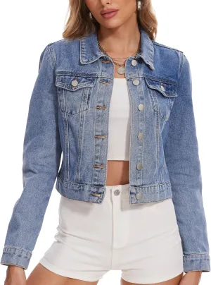 andy & natalie Women's Denim Jackets Cropped Long Sleeve Basic Button Down Crop Jean Shacket with Pockets