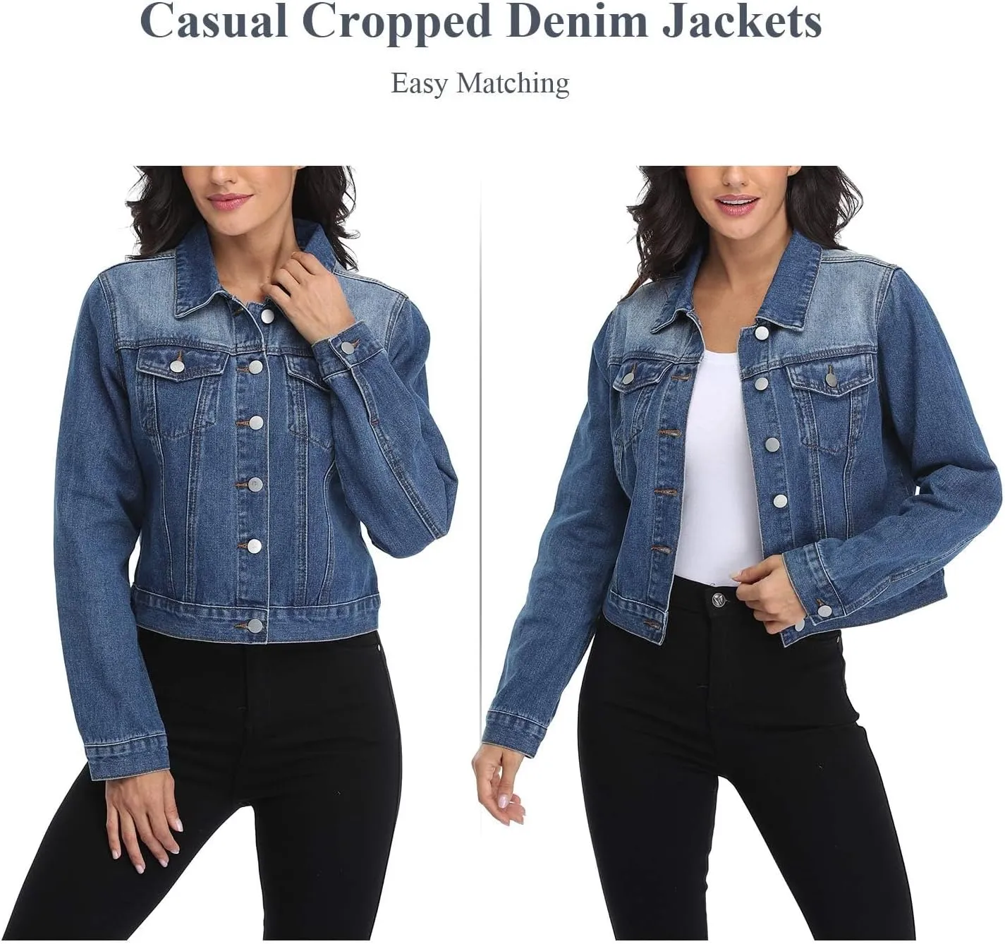 andy & natalie Women's Denim Jackets Cropped Long Sleeve Basic Button Down Crop Jean Shacket with Pockets