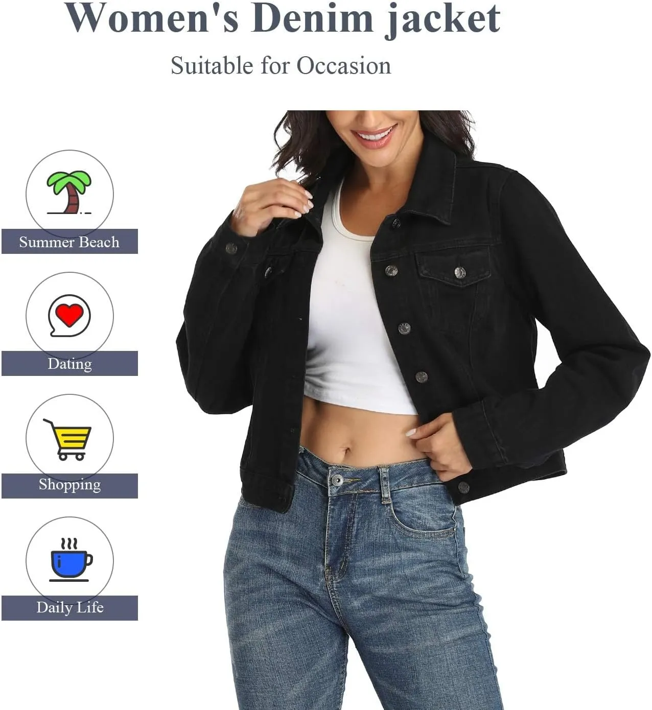 andy & natalie Women's Denim Jackets Cropped Long Sleeve Basic Button Down Crop Jean Shacket with Pockets