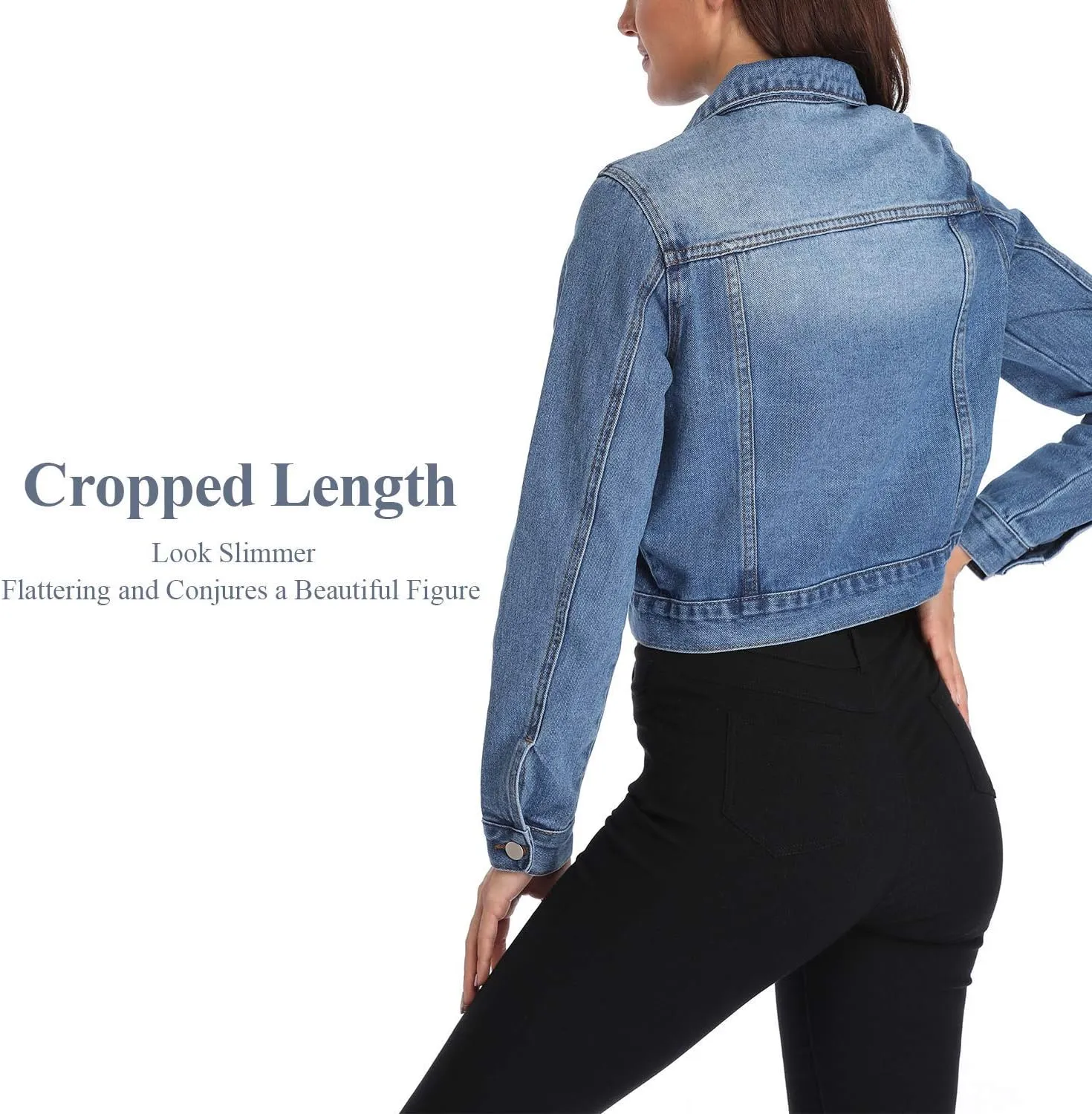 andy & natalie Women's Denim Jackets Cropped Long Sleeve Basic Button Down Crop Jean Shacket with Pockets