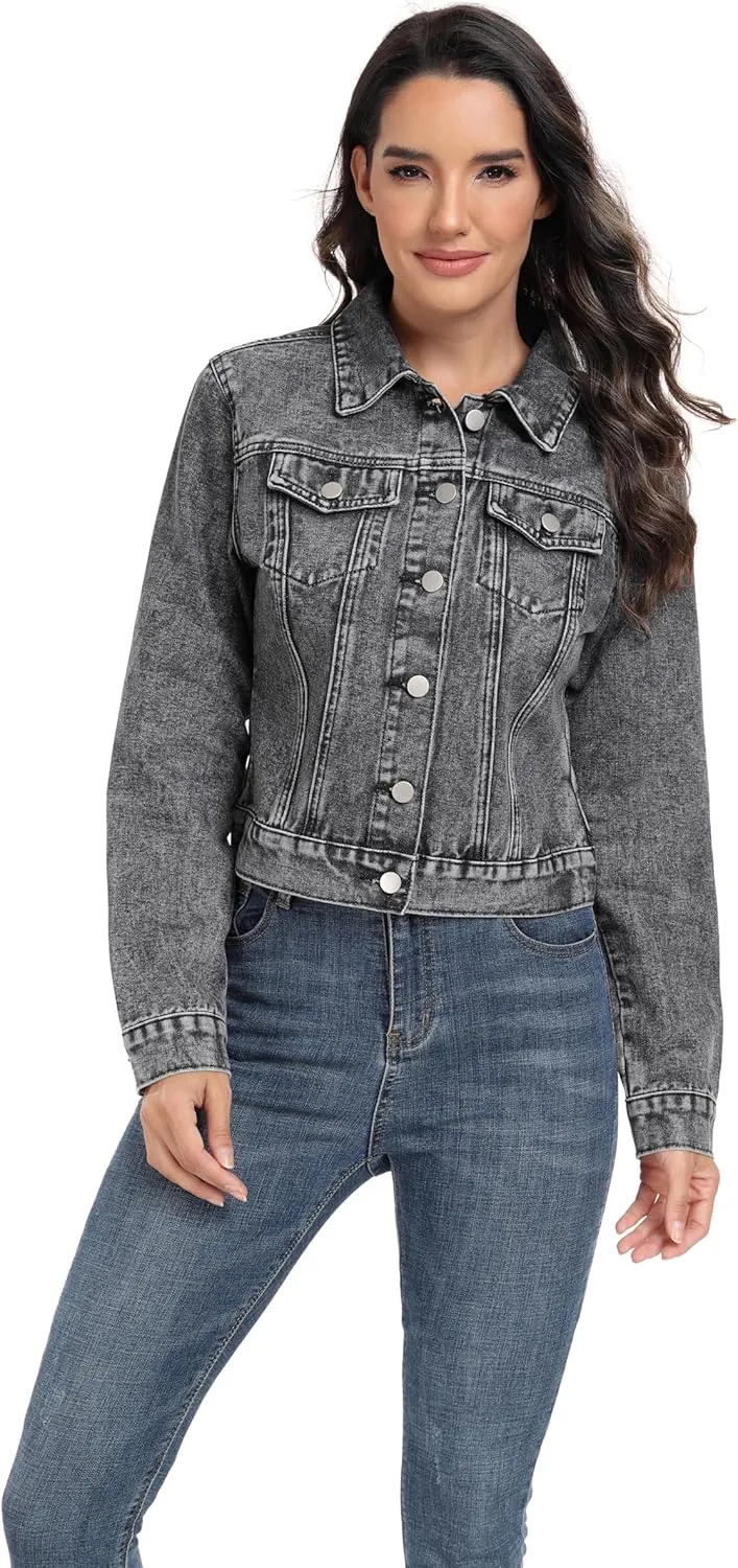 andy & natalie Women's Denim Jackets Cropped Long Sleeve Basic Button Down Crop Jean Shacket with Pockets