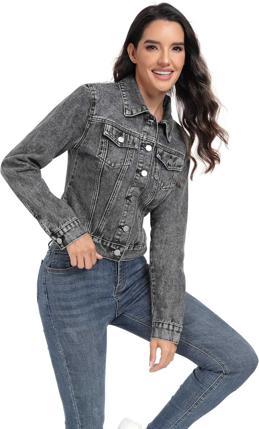 andy & natalie Women's Denim Jackets Cropped Long Sleeve Basic Button Down Crop Jean Shacket with Pockets