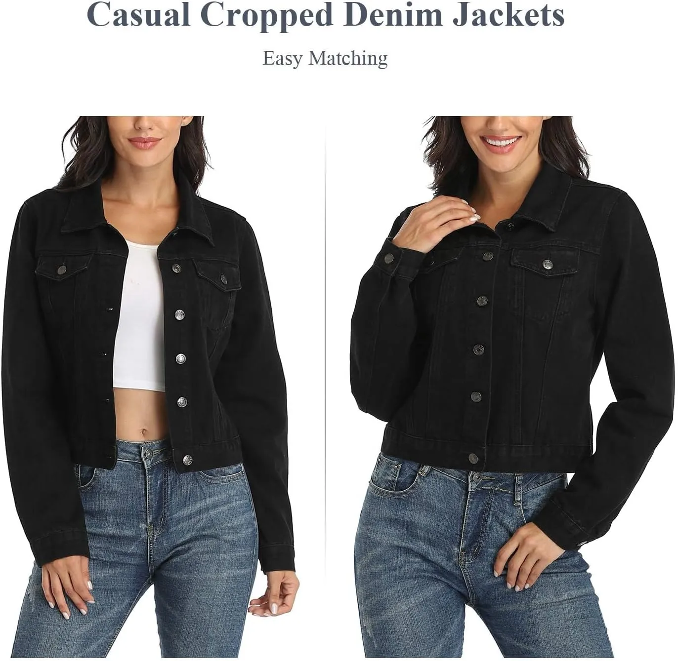 andy & natalie Women's Denim Jackets Cropped Long Sleeve Basic Button Down Crop Jean Shacket with Pockets