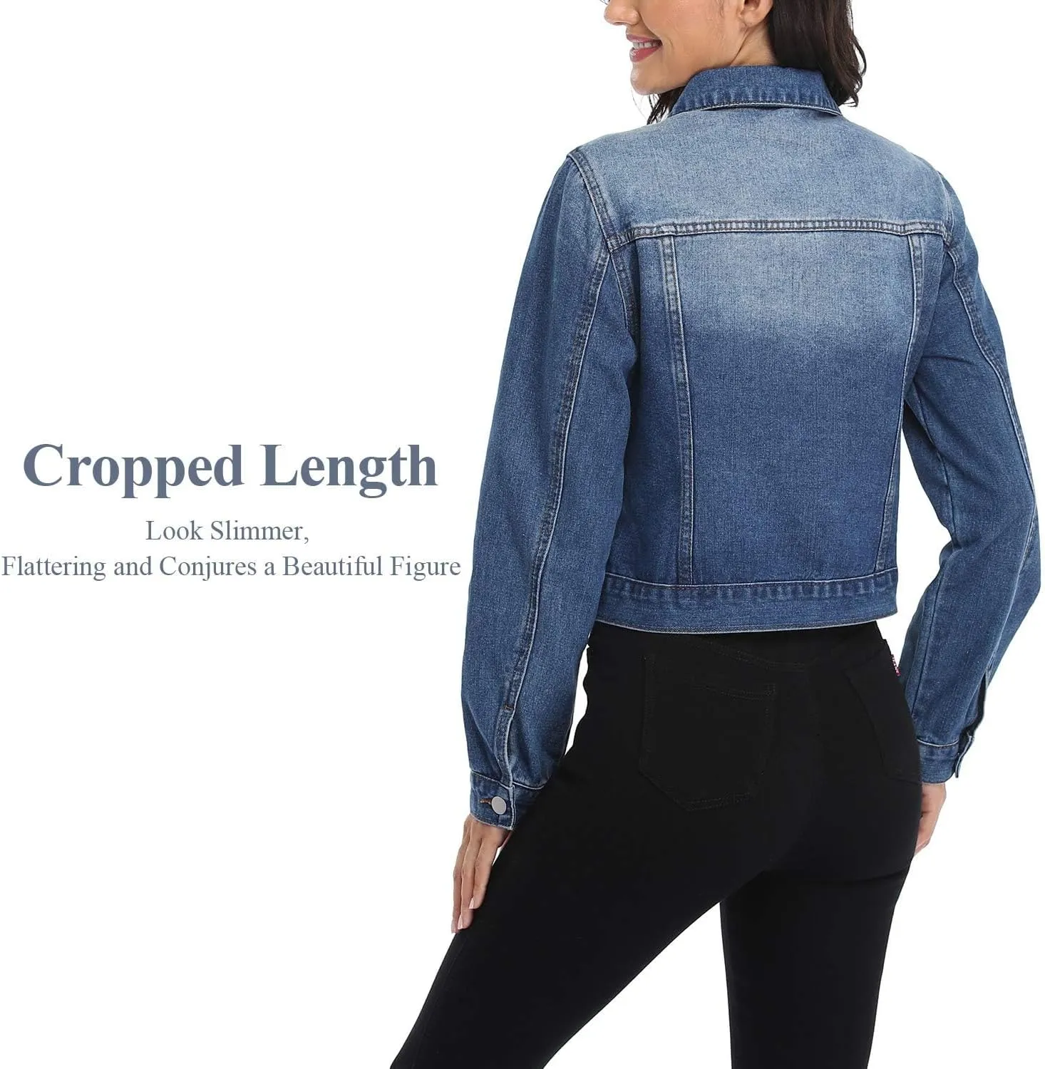 andy & natalie Women's Denim Jackets Cropped Long Sleeve Basic Button Down Crop Jean Shacket with Pockets