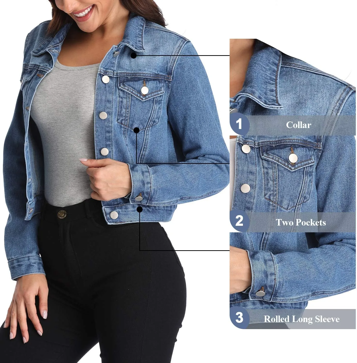 andy & natalie Women's Denim Jackets Cropped Long Sleeve Basic Button Down Crop Jean Shacket with Pockets