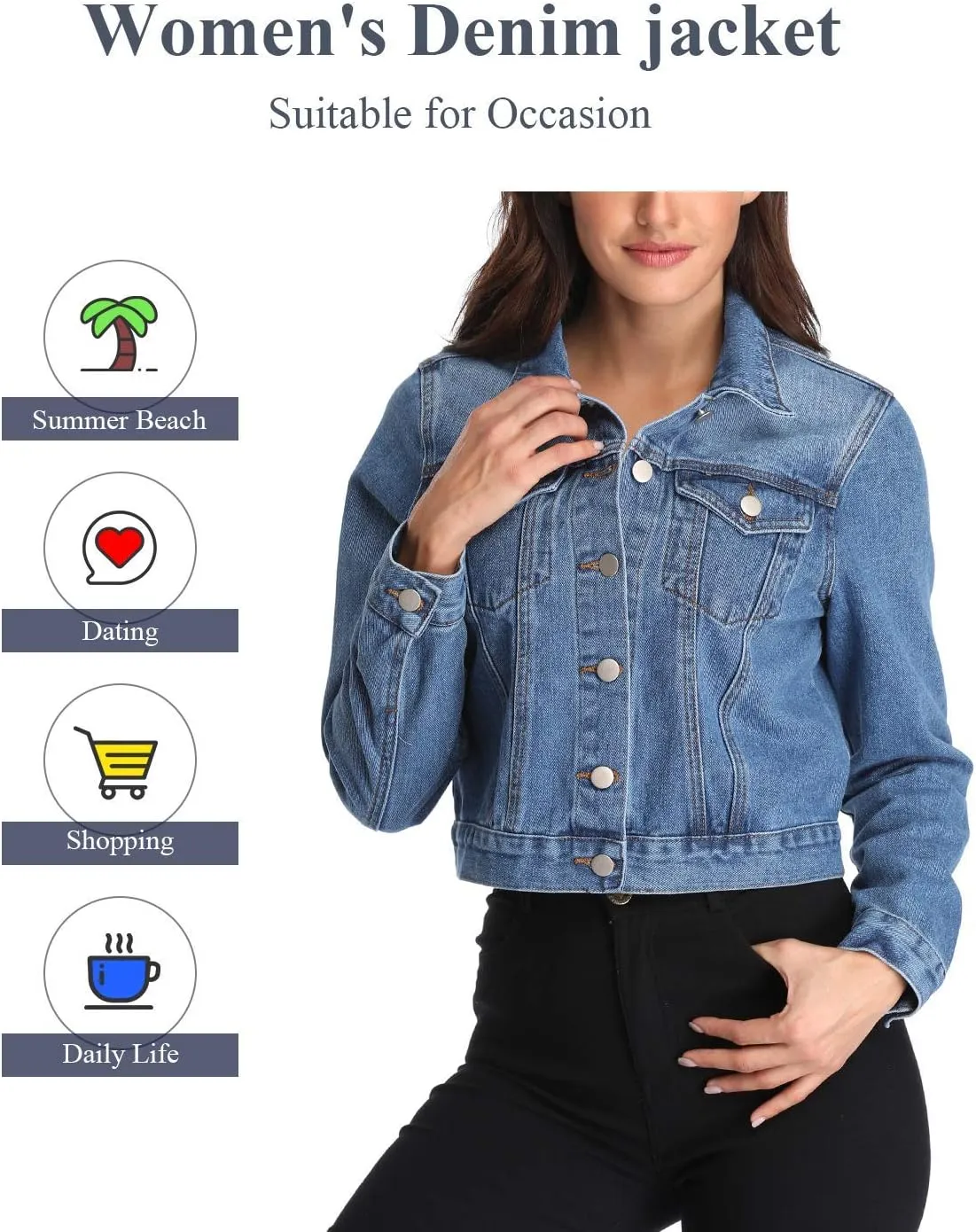 andy & natalie Women's Denim Jackets Cropped Long Sleeve Basic Button Down Crop Jean Shacket with Pockets