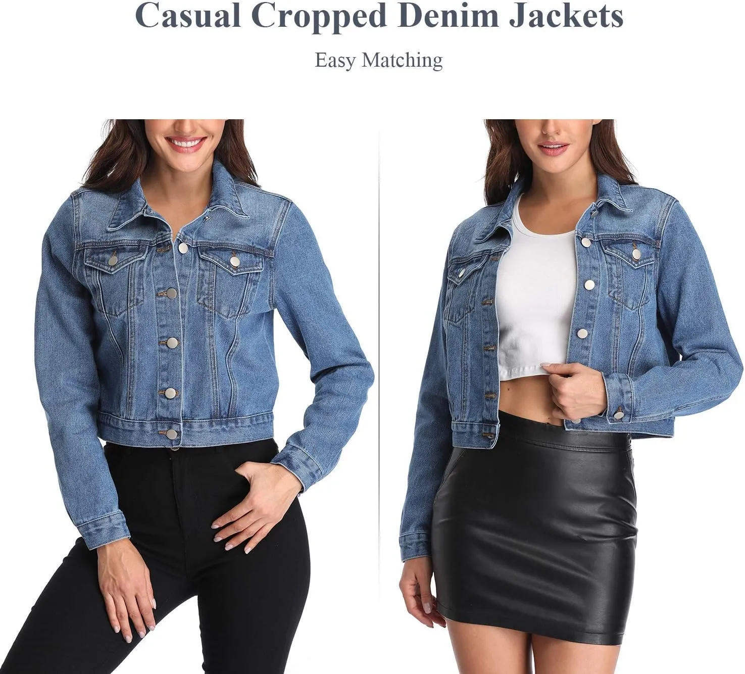 andy & natalie Women's Denim Jackets Cropped Long Sleeve Basic Button Down Crop Jean Shacket with Pockets
