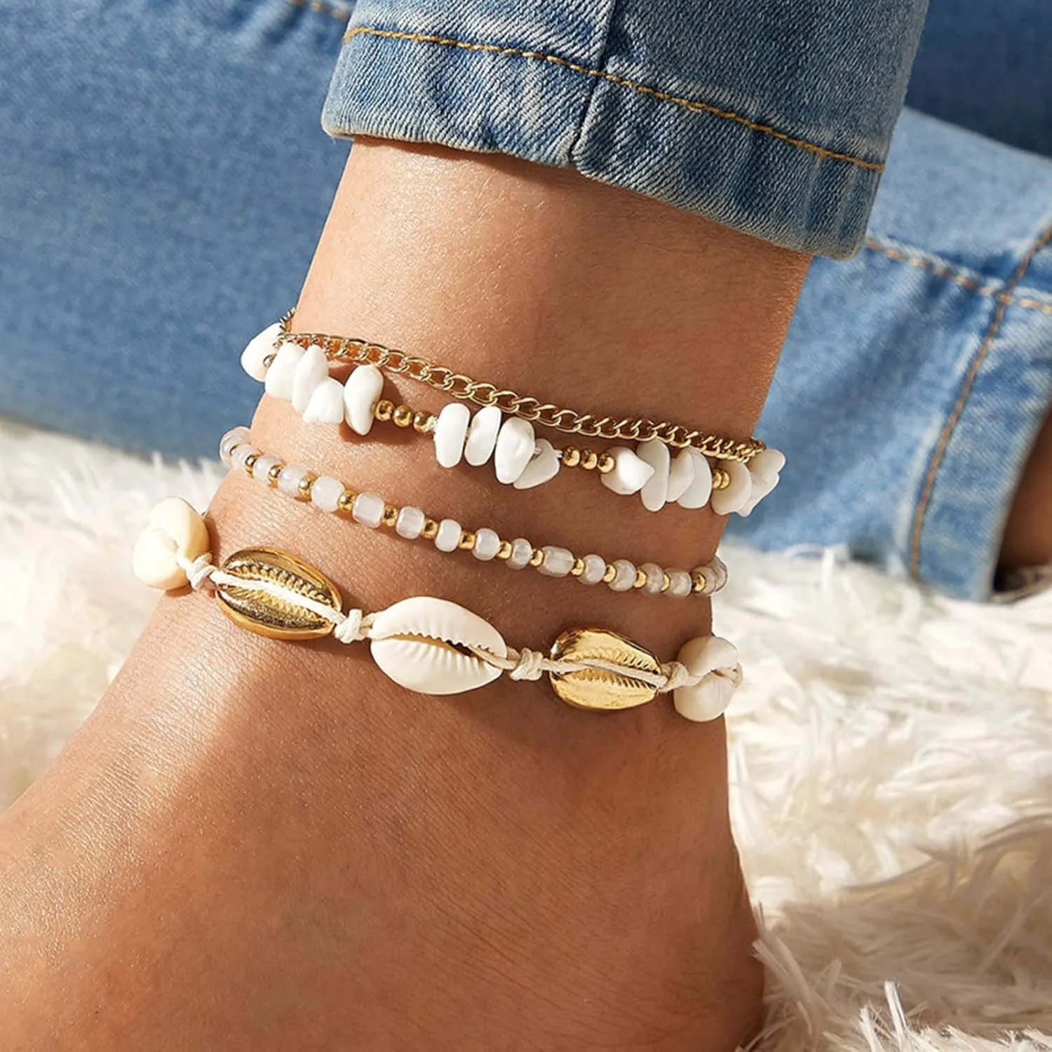 Anklets for Women Waterproof Gold Flowers Gold Plated Anklets Layered Cuban Link Chain Waterproof Herringbone Paperclip Beaded Herringbone Cute Heart Link Anklet Set Pack Summer Beach Jewelry Gift
