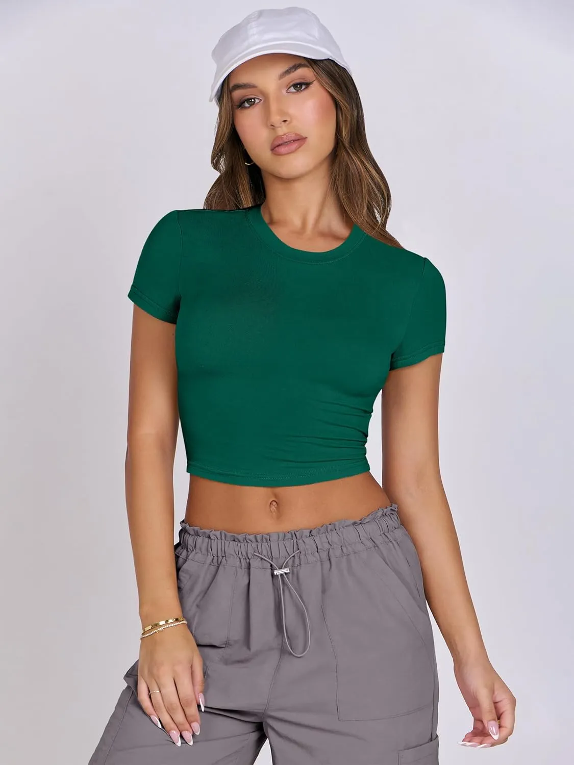 ANRABESS Womens Basic Tee Summer Outfits Crewneck Short Sleeve Crop Tops Slim Fitted T Shirts Y2k 2025 Trendy Clothing