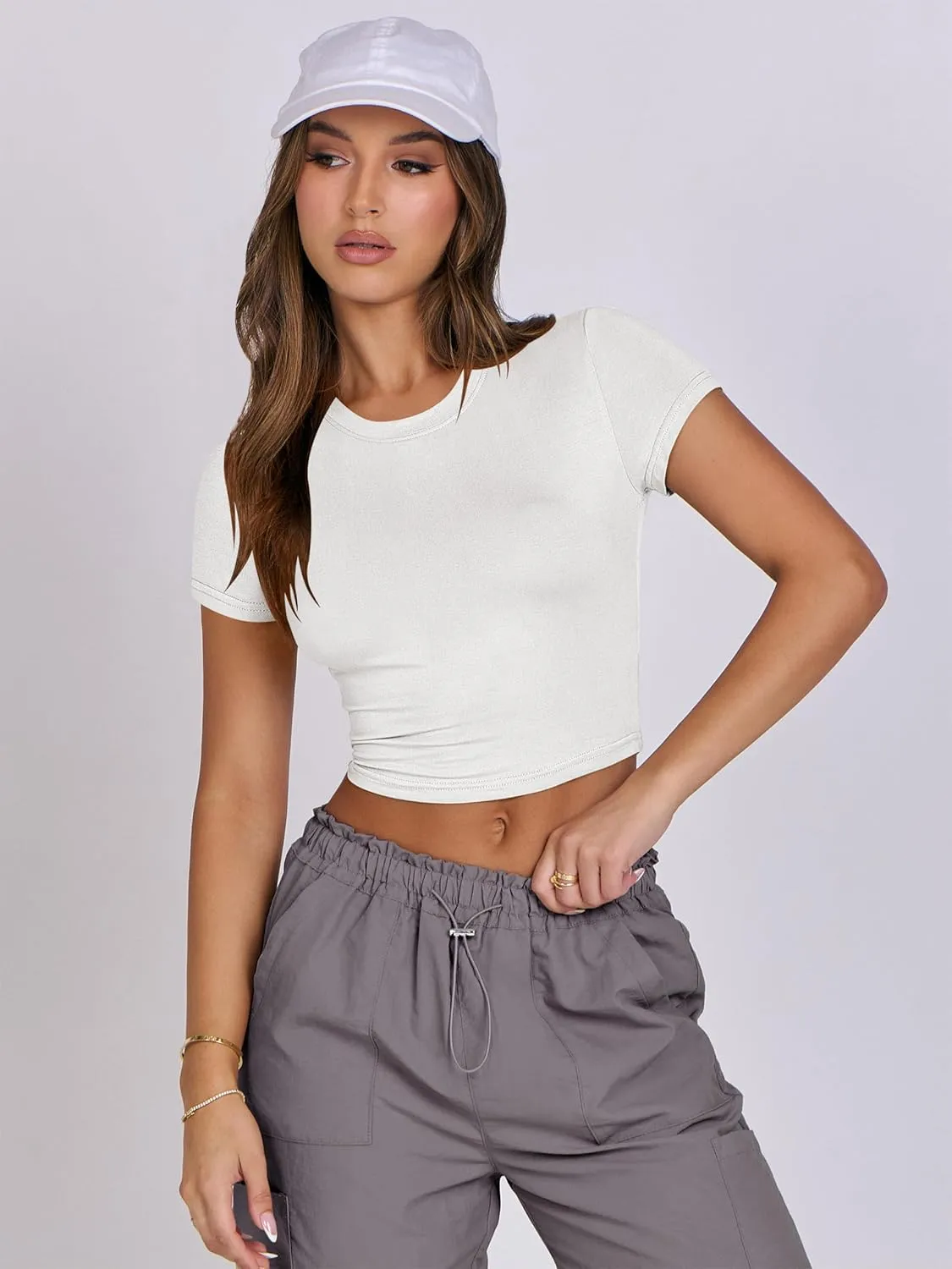 ANRABESS Womens Basic Tee Summer Outfits Crewneck Short Sleeve Crop Tops Slim Fitted T Shirts Y2k 2025 Trendy Clothing