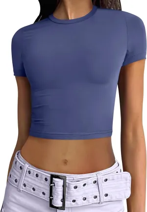 ANRABESS Womens Basic Tee Summer Outfits Crewneck Short Sleeve Crop Tops Slim Fitted T Shirts Y2k 2025 Trendy Clothing