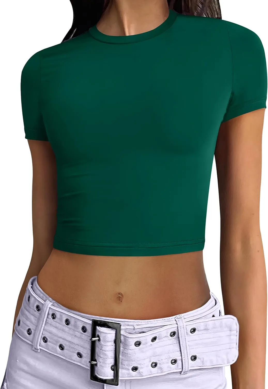 ANRABESS Womens Basic Tee Summer Outfits Crewneck Short Sleeve Crop Tops Slim Fitted T Shirts Y2k 2025 Trendy Clothing