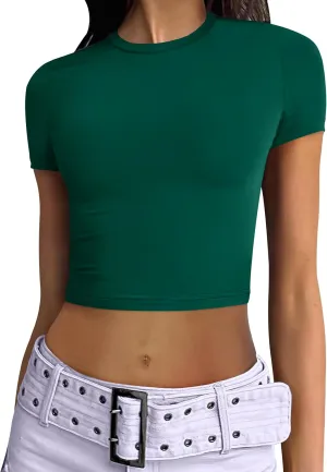 ANRABESS Womens Basic Tee Summer Outfits Crewneck Short Sleeve Crop Tops Slim Fitted T Shirts Y2k 2025 Trendy Clothing