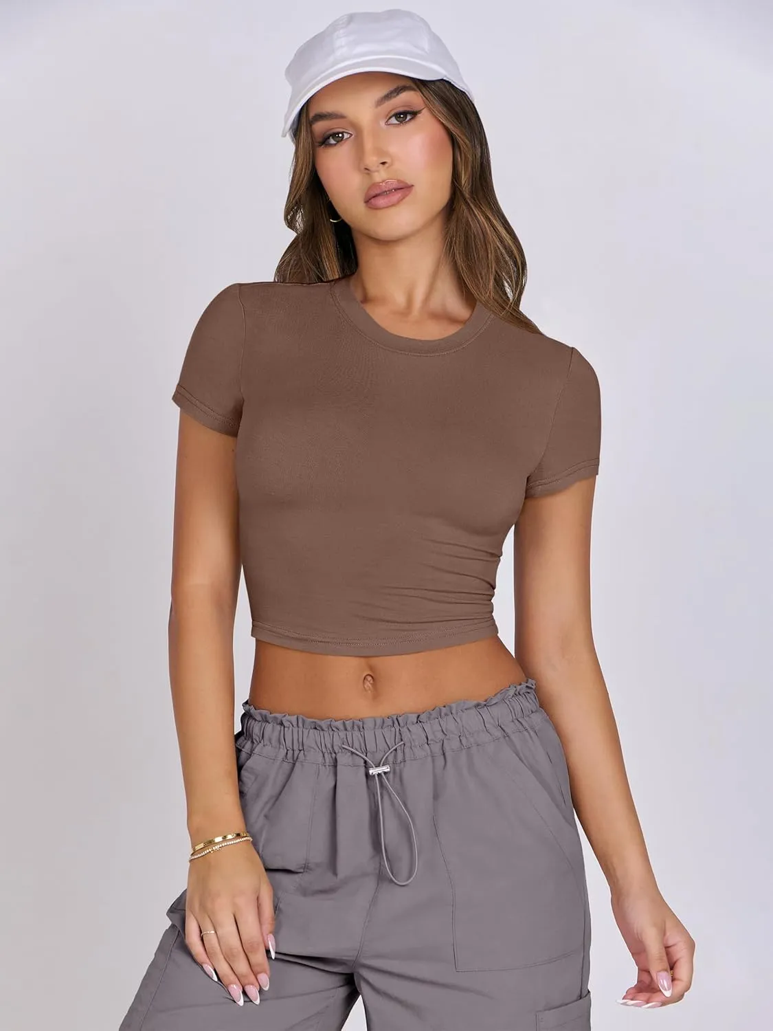 ANRABESS Womens Basic Tee Summer Outfits Crewneck Short Sleeve Crop Tops Slim Fitted T Shirts Y2k 2025 Trendy Clothing