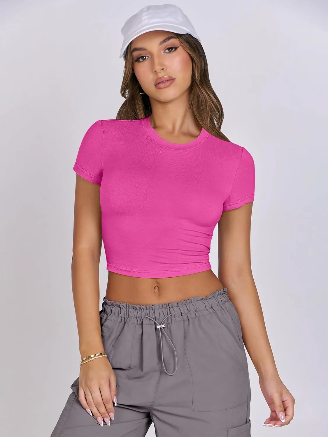 ANRABESS Womens Basic Tee Summer Outfits Crewneck Short Sleeve Crop Tops Slim Fitted T Shirts Y2k 2025 Trendy Clothing
