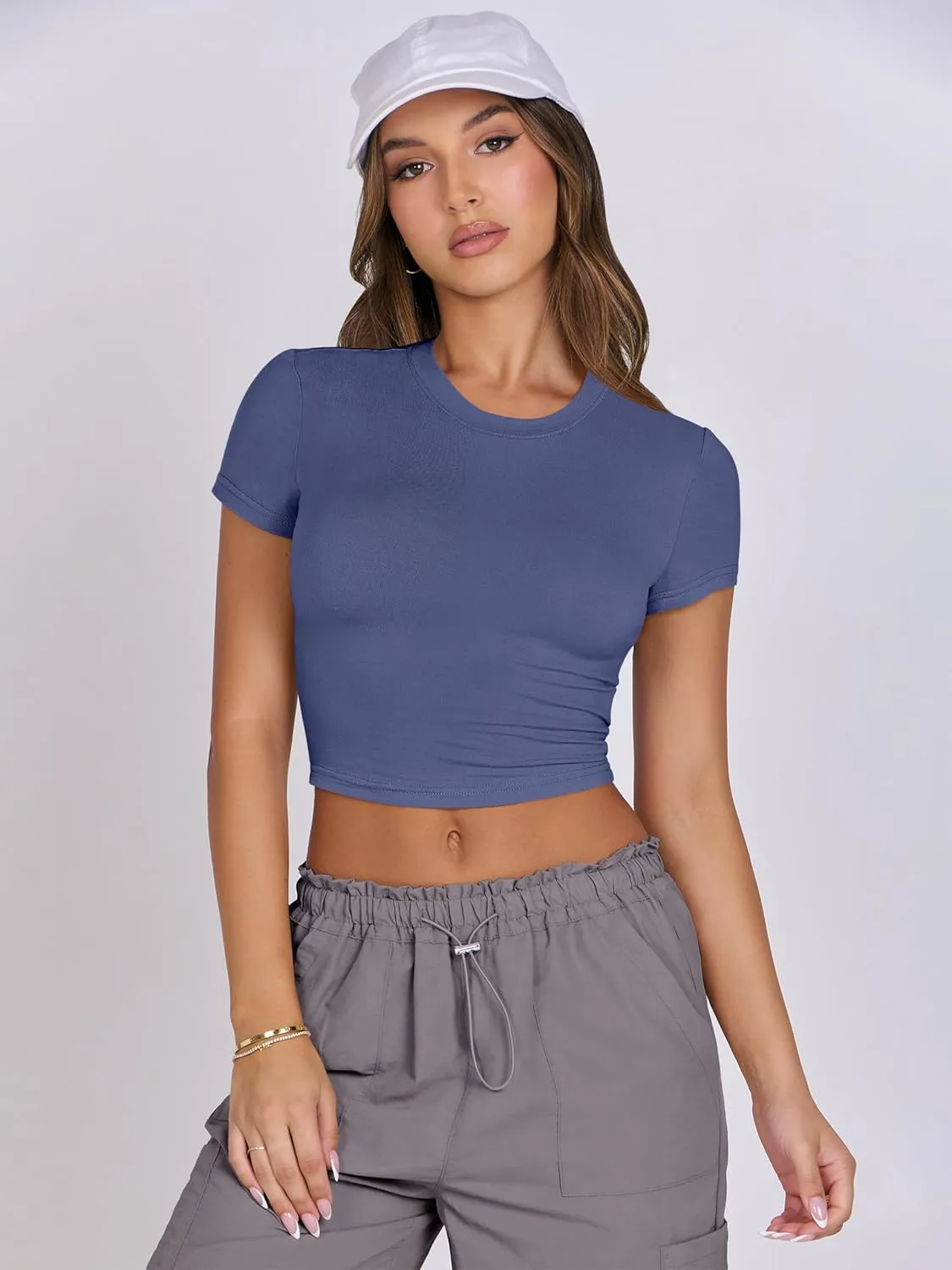 ANRABESS Womens Basic Tee Summer Outfits Crewneck Short Sleeve Crop Tops Slim Fitted T Shirts Y2k 2025 Trendy Clothing