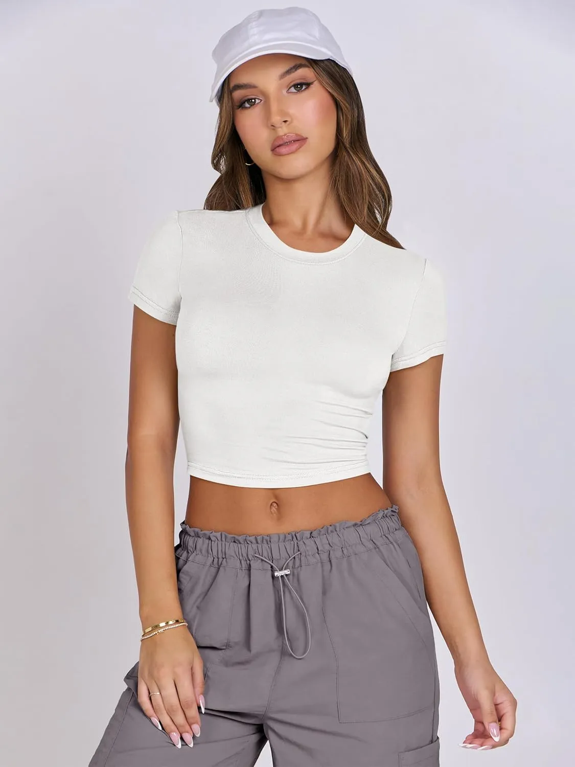 ANRABESS Womens Basic Tee Summer Outfits Crewneck Short Sleeve Crop Tops Slim Fitted T Shirts Y2k 2025 Trendy Clothing