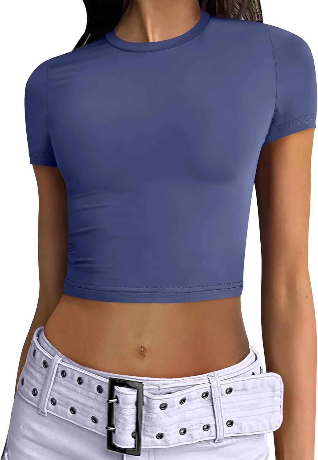 ANRABESS Womens Basic Tee Summer Outfits Crewneck Short Sleeve Crop Tops Slim Fitted T Shirts Y2k 2025 Trendy Clothing