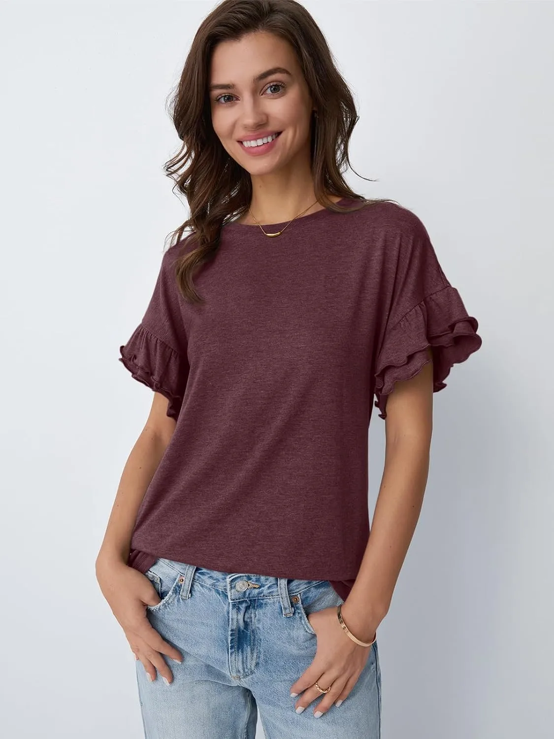 AUTOMET Women's Ruffle Short Sleeve Shirts Dressy Casual 2025 Summer Crewneck Cute Tops Trendy Outfits Fashion Clothes
