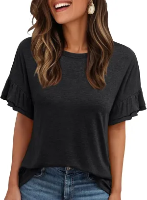 AUTOMET Women's Ruffle Short Sleeve Shirts Dressy Casual 2025 Summer Crewneck Cute Tops Trendy Outfits Fashion Clothes