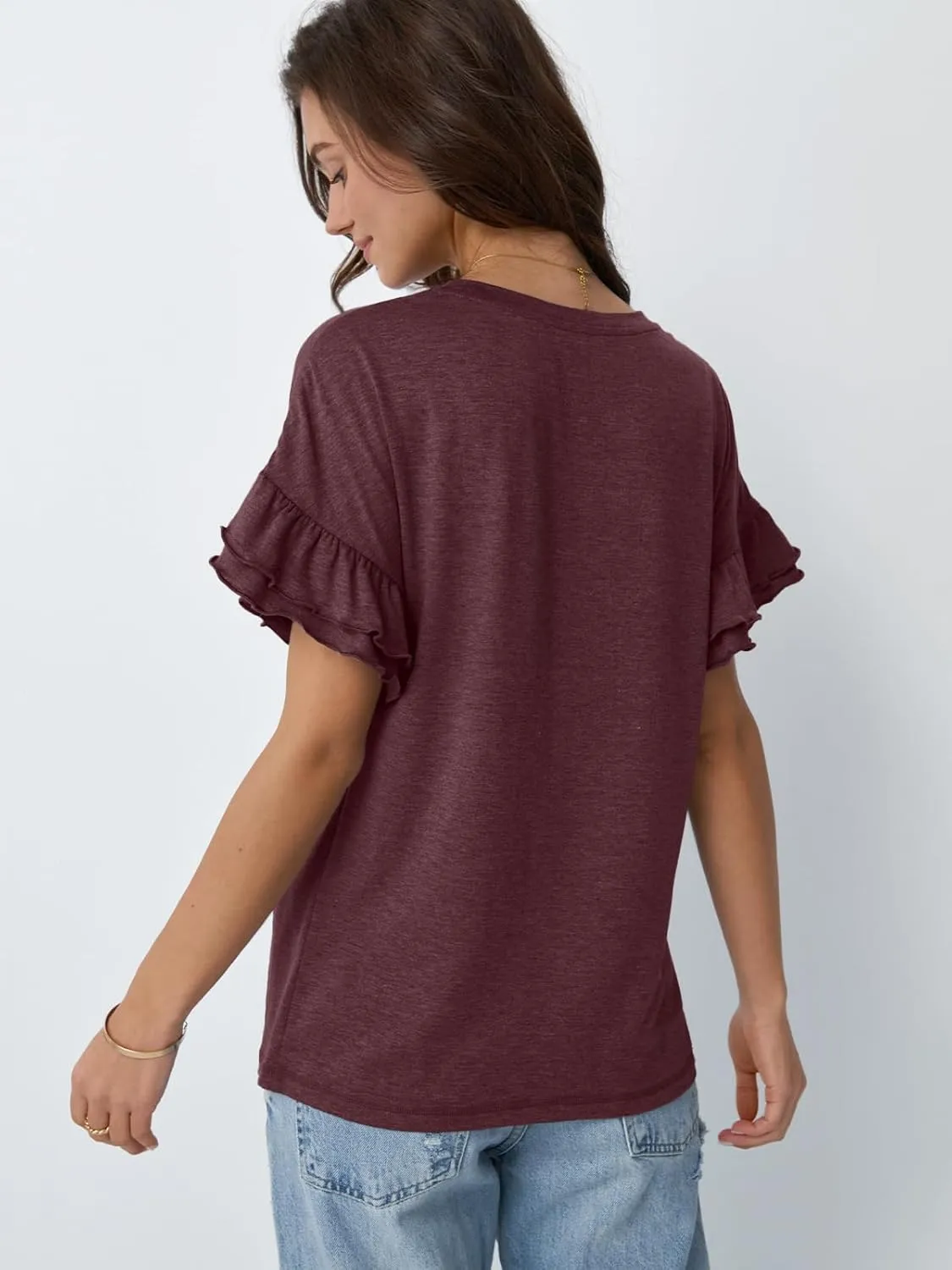 AUTOMET Women's Ruffle Short Sleeve Shirts Dressy Casual 2025 Summer Crewneck Cute Tops Trendy Outfits Fashion Clothes