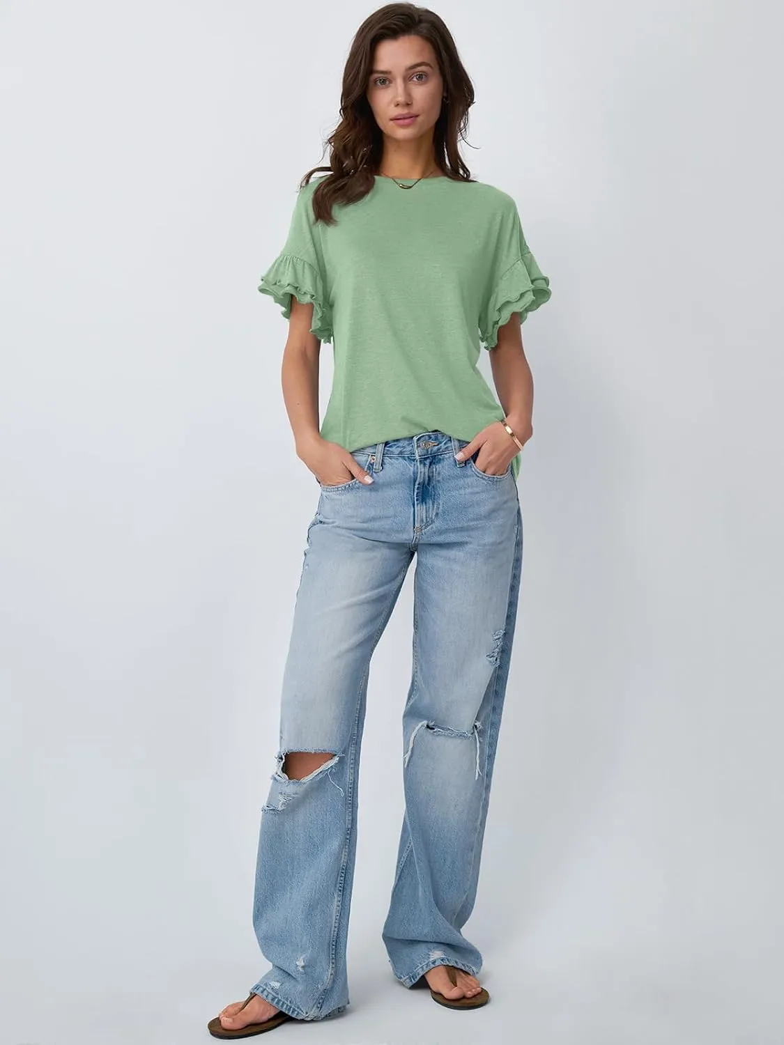 AUTOMET Women's Ruffle Short Sleeve Shirts Dressy Casual 2025 Summer Crewneck Cute Tops Trendy Outfits Fashion Clothes