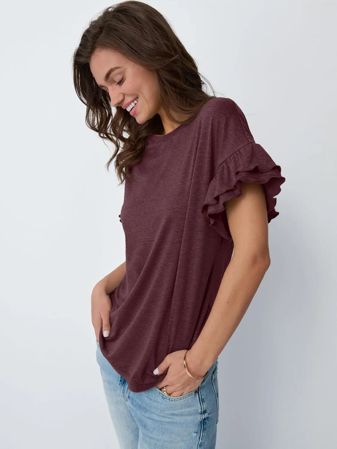 AUTOMET Women's Ruffle Short Sleeve Shirts Dressy Casual 2025 Summer Crewneck Cute Tops Trendy Outfits Fashion Clothes