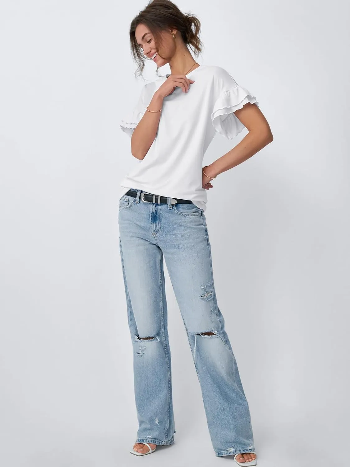 AUTOMET Women's Ruffle Short Sleeve Shirts Dressy Casual 2025 Summer Crewneck Cute Tops Trendy Outfits Fashion Clothes