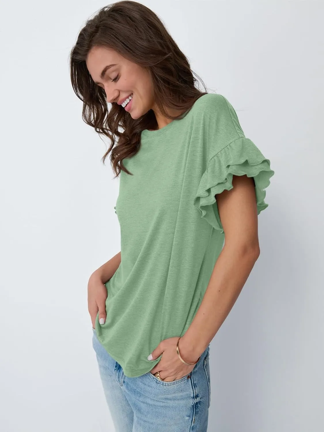 AUTOMET Women's Ruffle Short Sleeve Shirts Dressy Casual 2025 Summer Crewneck Cute Tops Trendy Outfits Fashion Clothes