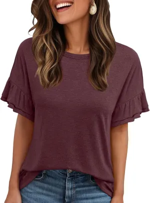 AUTOMET Women's Ruffle Short Sleeve Shirts Dressy Casual 2025 Summer Crewneck Cute Tops Trendy Outfits Fashion Clothes