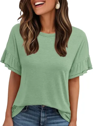 AUTOMET Women's Ruffle Short Sleeve Shirts Dressy Casual 2025 Summer Crewneck Cute Tops Trendy Outfits Fashion Clothes
