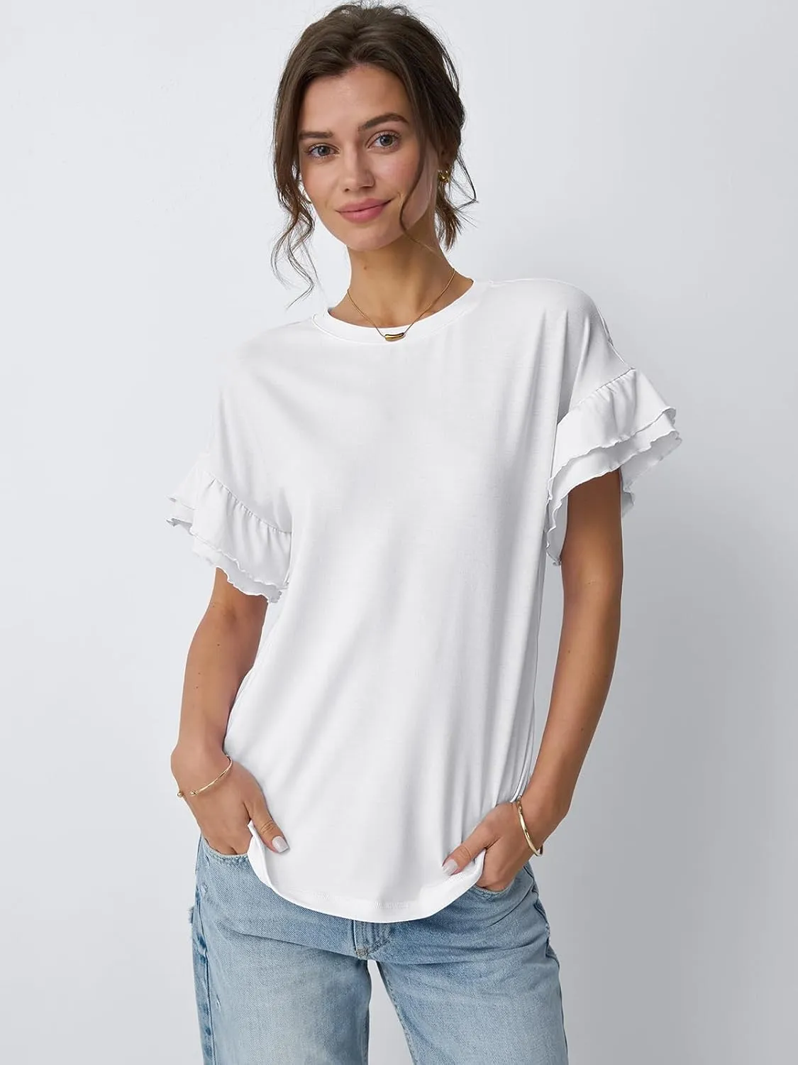 AUTOMET Women's Ruffle Short Sleeve Shirts Dressy Casual 2025 Summer Crewneck Cute Tops Trendy Outfits Fashion Clothes