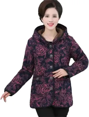 Azedssw Cotton Jacket Women Winter Print Hooded Coat Grandmother Coat Plus Size Mother Thicken Padded Parkas