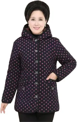 Azedssw Cotton Jacket Women Winter Print Hooded Coat Grandmother Coat Plus Size Mother Thicken Padded Parkas