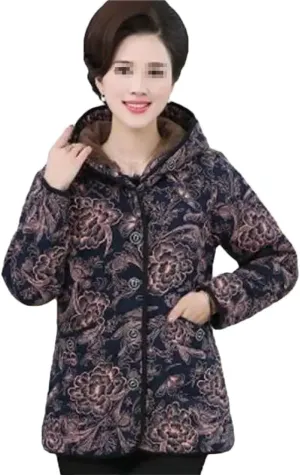 Azedssw Cotton Jacket Women Winter Print Hooded Coat Grandmother Coat Plus Size Mother Thicken Padded Parkas