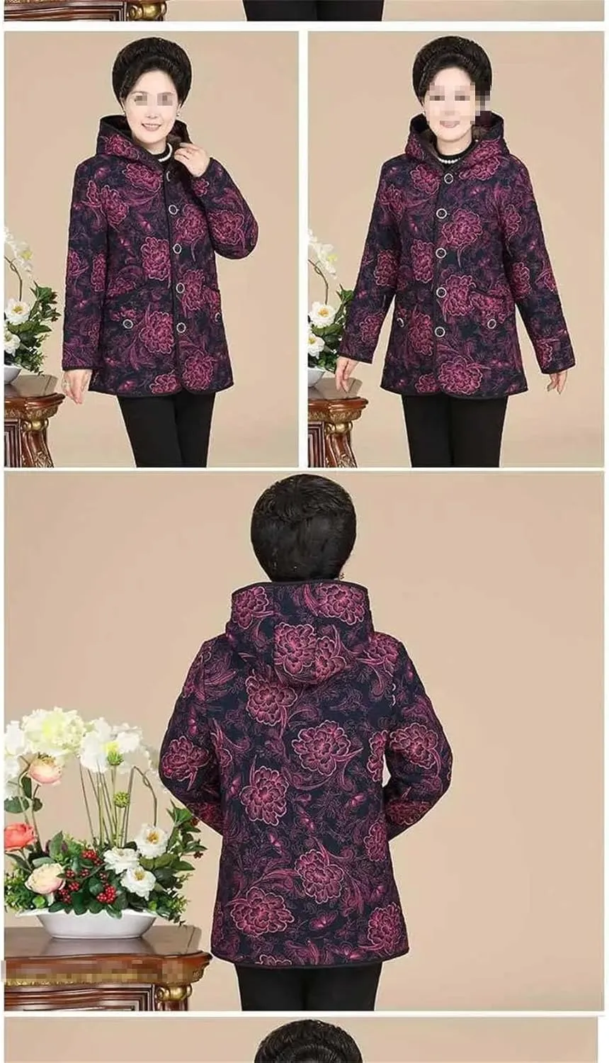 Azedssw Cotton Jacket Women Winter Print Hooded Coat Grandmother Coat Plus Size Mother Thicken Padded Parkas
