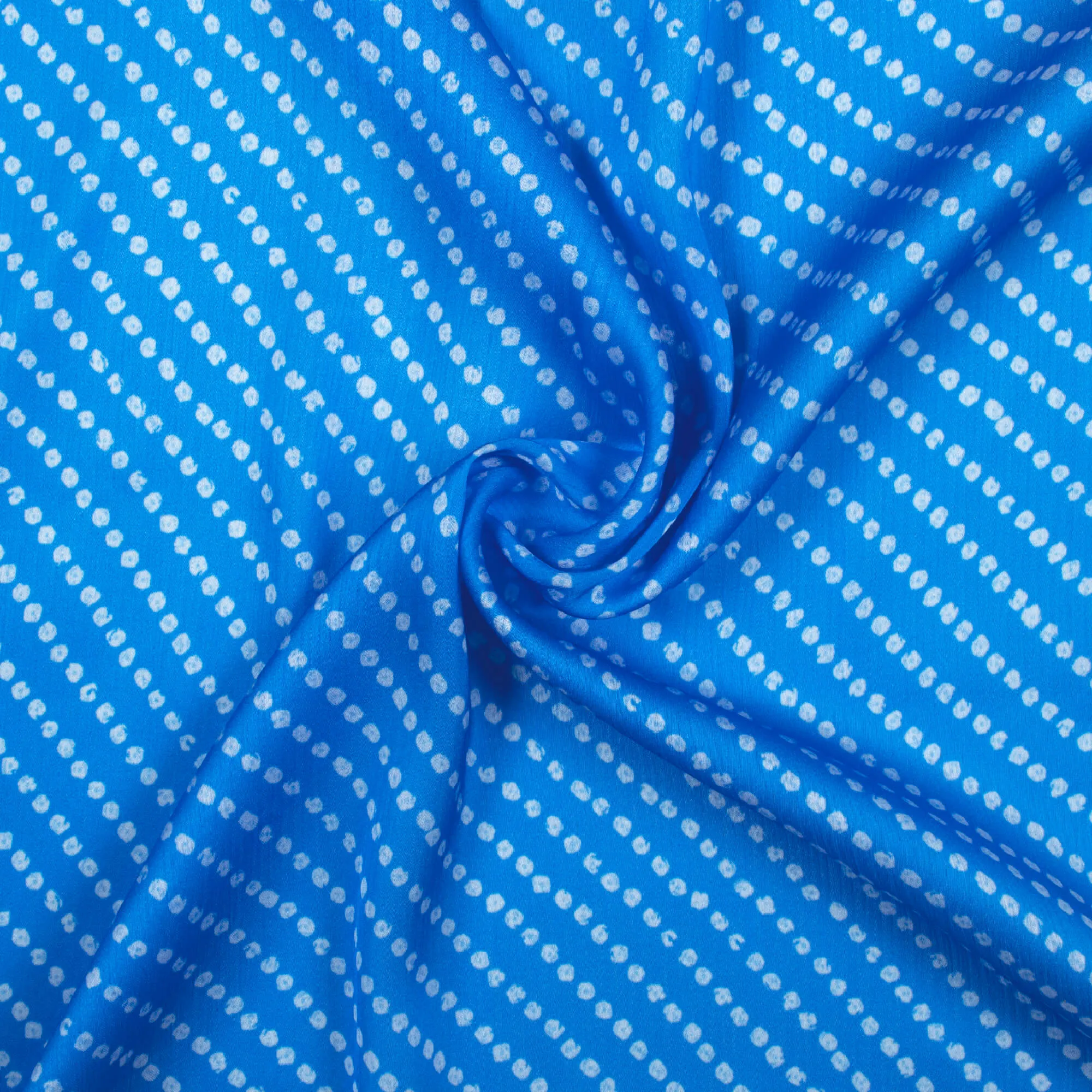 Azure Blue And White Bandhani Pattern Digital Print Chiffon Satin Fabric
