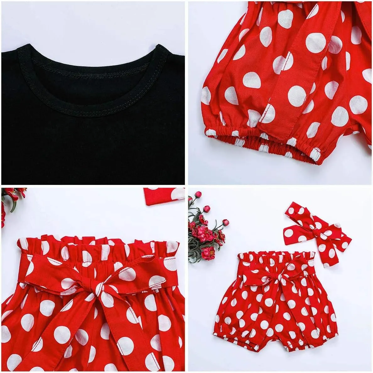 Baby Girls Ruffle Sleeves Romper Top Polka Dots Shorts Pants Set with Headband Birthday Outfit Summer Boutique Clothes
