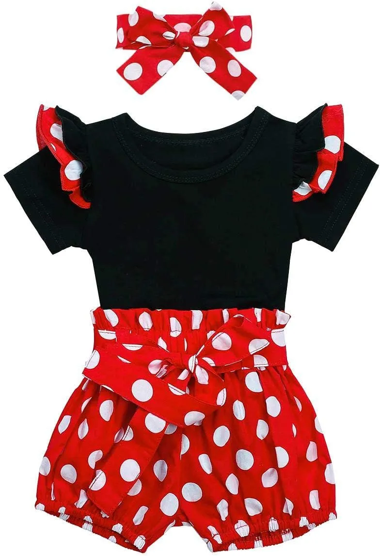 Baby Girls Ruffle Sleeves Romper Top Polka Dots Shorts Pants Set with Headband Birthday Outfit Summer Boutique Clothes