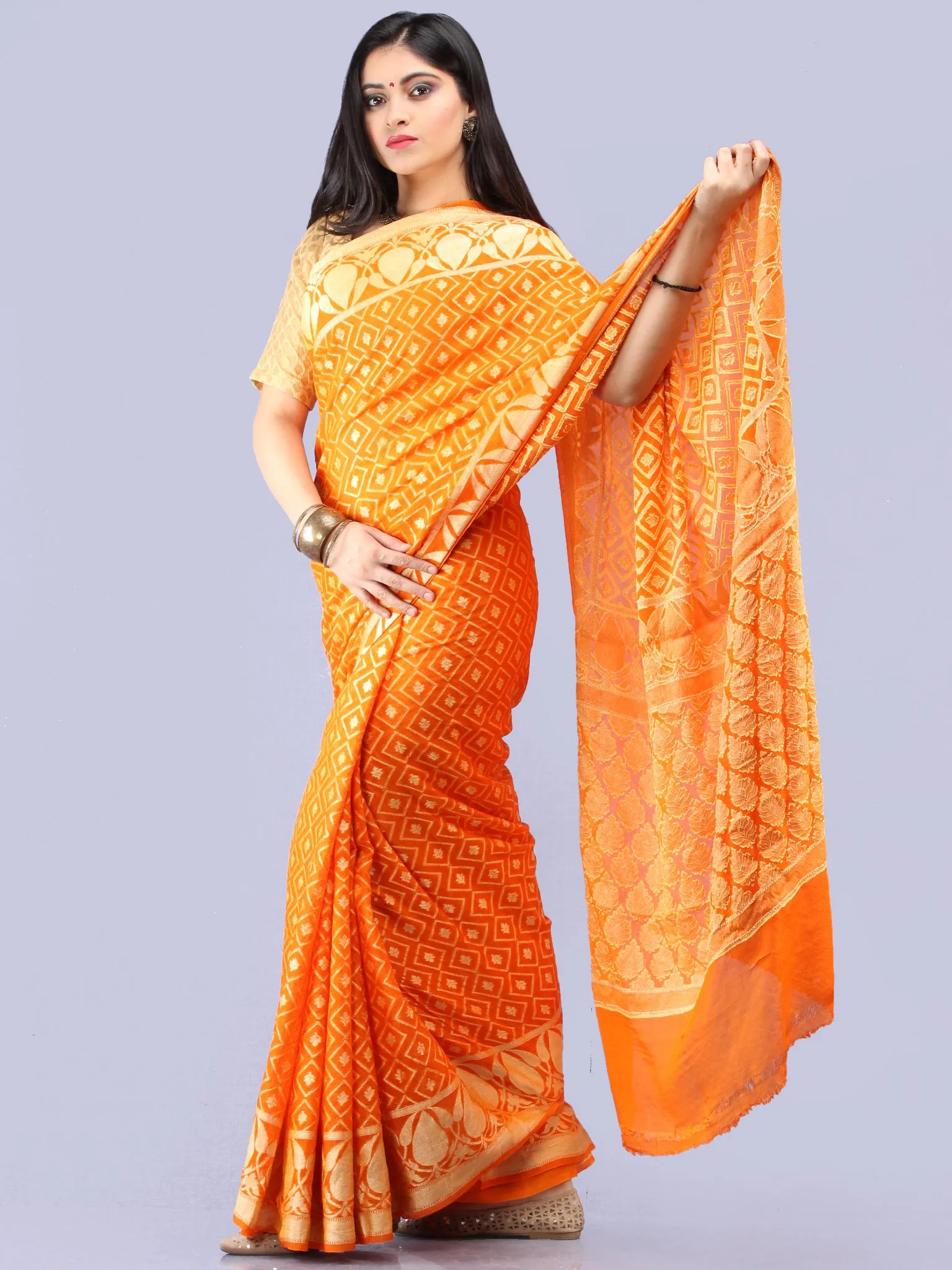 Banarasee Pure Chiffon Saree With Zari Work - Orange Gold - S031704299