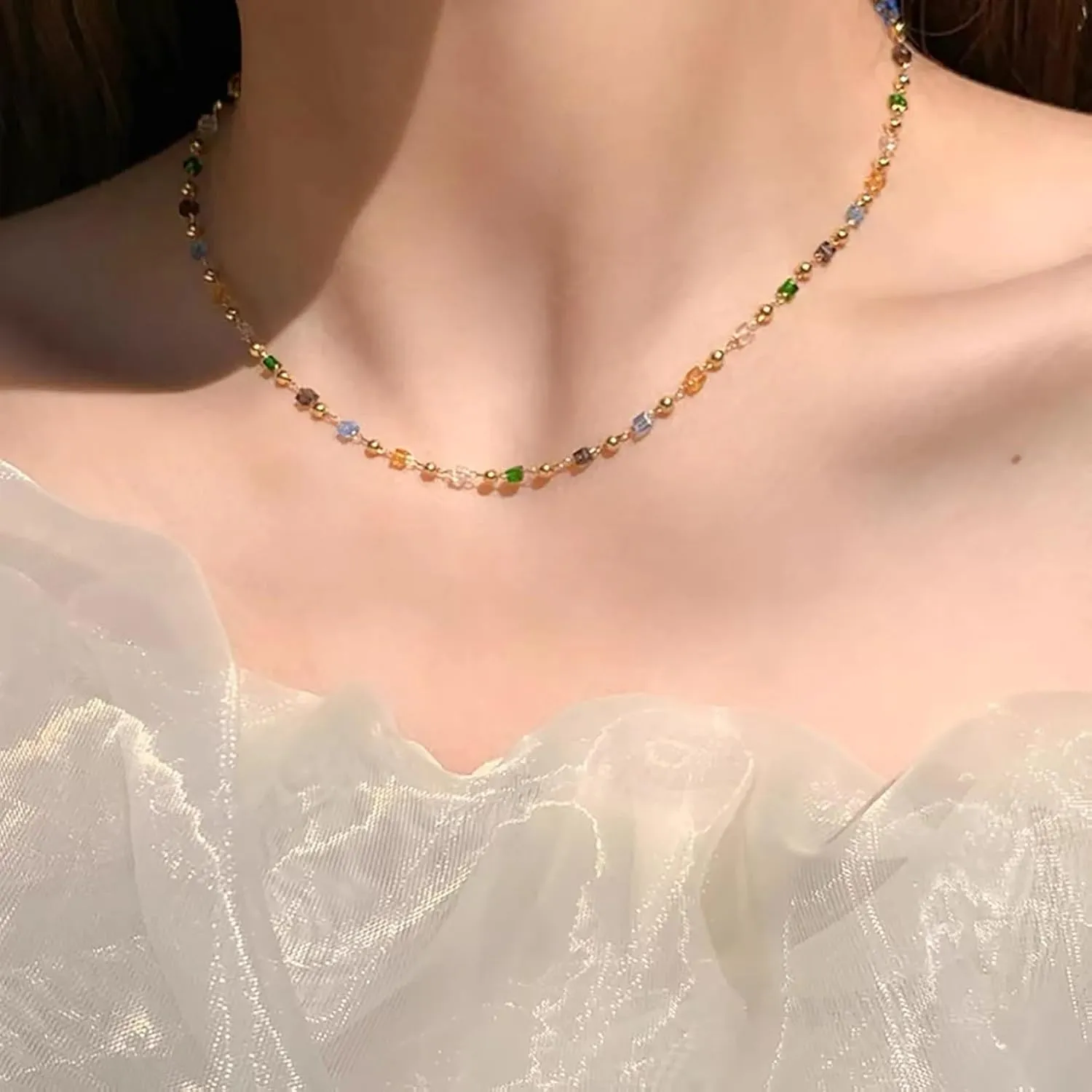 Beaded Choker Necklaces, Handmade Healing Crystal Stone Choker Colorful Bohemian Gemstone Necklaces Gold Summer Beach Choker Necklaces for Women