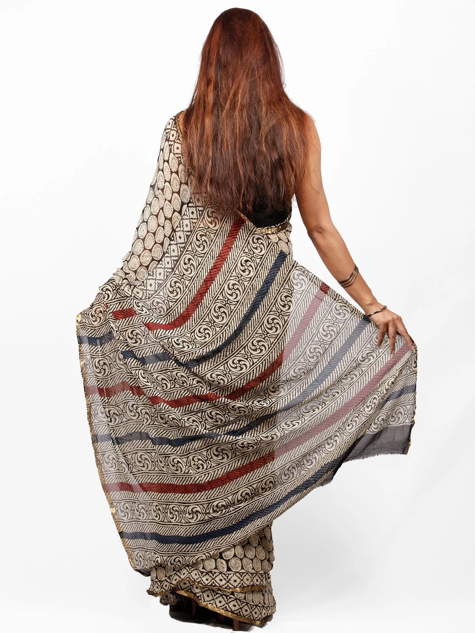 Beige Black Maroon Hand Block Printed Chiffon Saree with Zari Border - S031703425