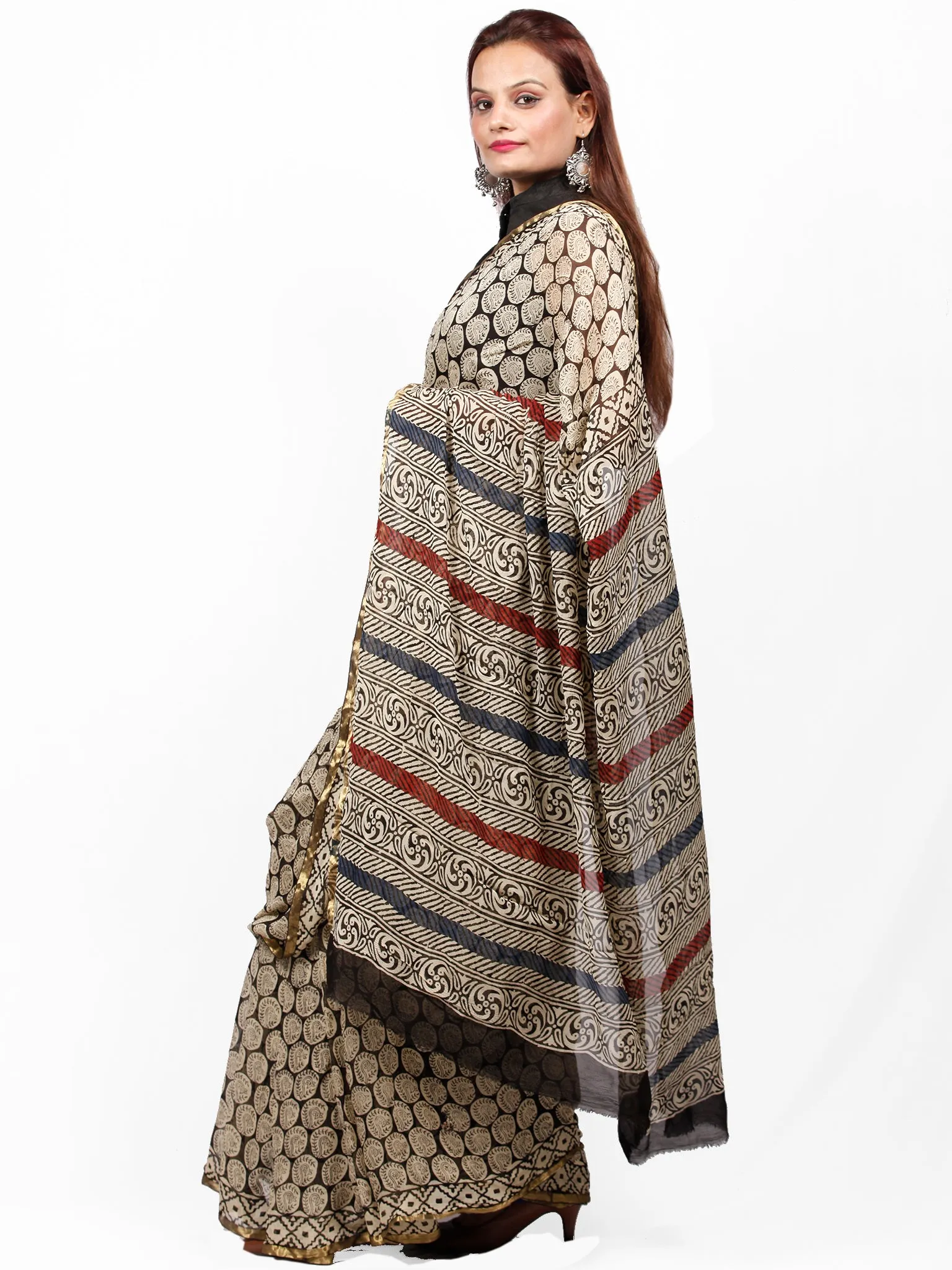 Beige Black Maroon Hand Block Printed Chiffon Saree with Zari Border - S031703425