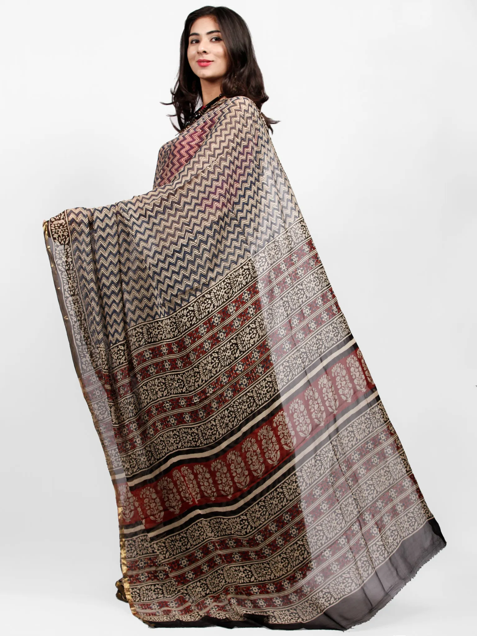 Beige Indigo Red Hand Block Printed Chiffon Saree with Zari Border - S031703236
