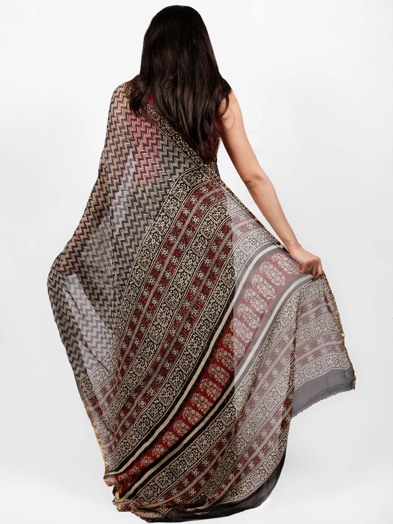 Beige Indigo Red Hand Block Printed Chiffon Saree with Zari Border - S031703236