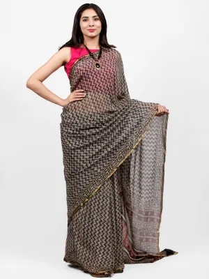 Beige Indigo Red Hand Block Printed Chiffon Saree with Zari Border - S031703236