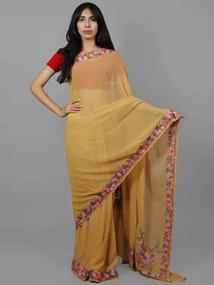 Beige Lavender Green Brown Aari Embroidered Chiffon Saree From Kashmir  - S031702164