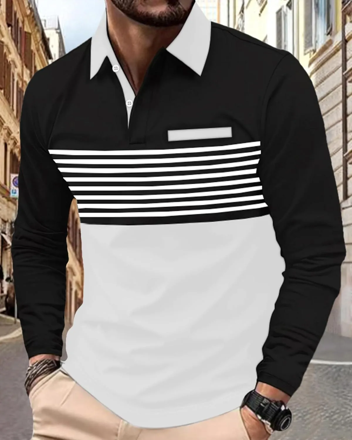 Beotyshow Mens Striped Polo Shirts Long Sleeve Contrast Color Golf Casual Shirt Collared Fashion T Shirts